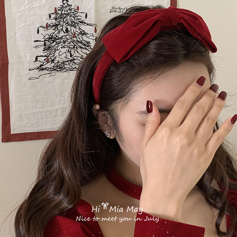 圣诞节红色丝绒蝴蝶结发箍