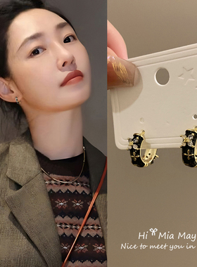 白百何同款黑色珐琅耳环纯银小众高级感圈圈耳扣耳圈耳饰2025新款