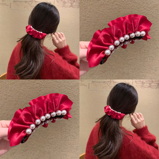 新年韩系优雅缎面裙摆懒人盘发夹气质红色珍珠香蕉夹温柔马尾竖夹
