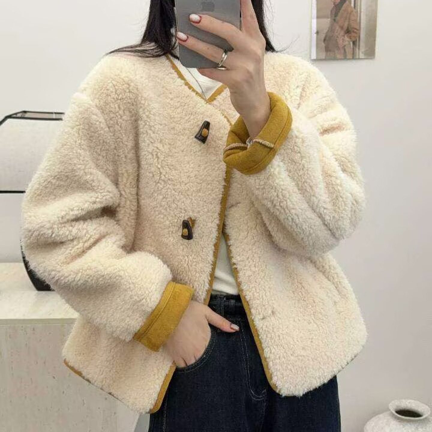 韩版小香风皮毛一体外套女2025秋冬新款撞色显瘦百搭加厚保暖外套