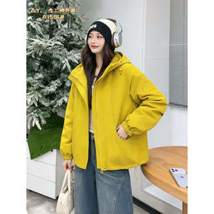 韩版宽松连帽冲锋衣外套女加绒加厚黄色拉链休闲保暖棉服夹克女装