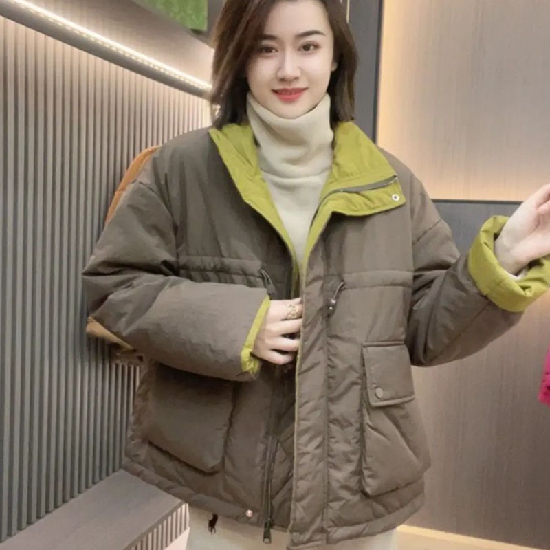 韩版撞色收腰棉衣外套女2023冬季新款立领宽松显瘦大口袋棉服上衣