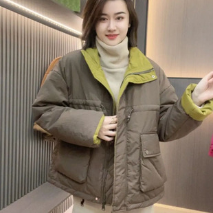立领宽松显瘦大口袋棉服上衣 新款 韩版 撞色收腰棉衣外套女2023冬季