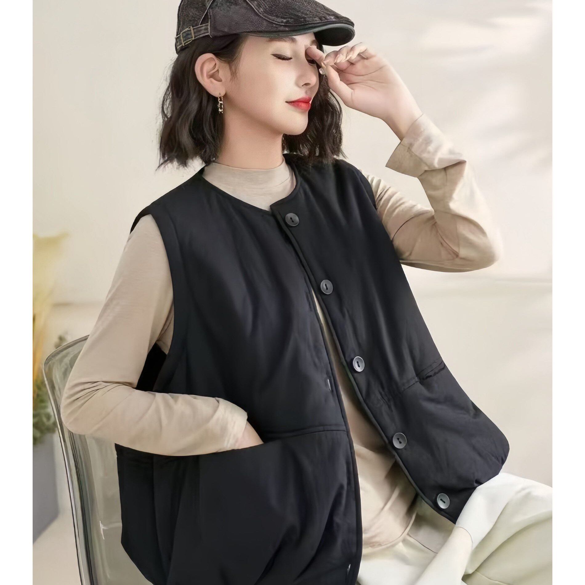 韩式休闲风圆领纽扣马甲女2026短款韩版宽松百搭无袖坎肩外套开衫