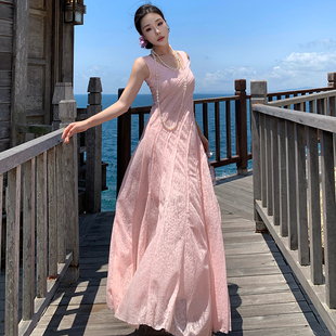 Latude/小鹭 樱花落 25春夏淡粉蕾丝印花多裁片长款连衣裙女