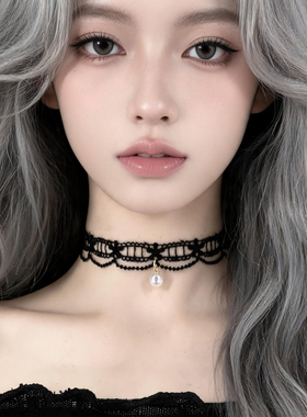 黑色蕾丝珍珠吊坠锁骨链女遮疤