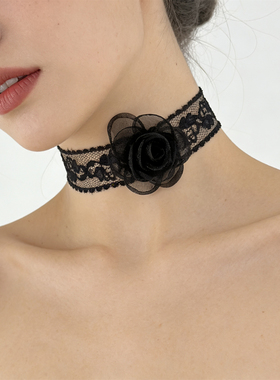 黑色蕾丝花朵复古超仙项链女款