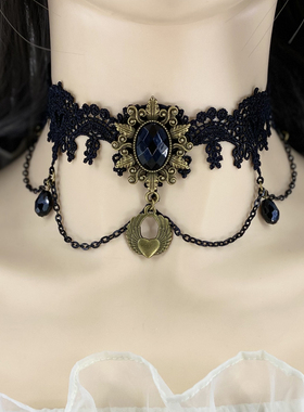 哥特风暗黑洛丽塔黑白色蕾丝外贸朋克蹦迪锁骨链choker颈带项圈女