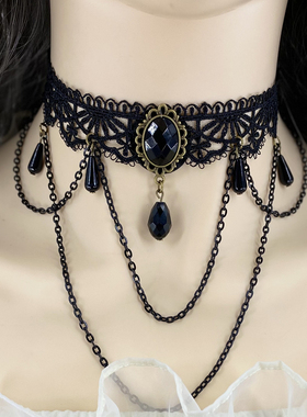 欧美朋克宽颈饰黑色蕾丝项链 复古宴会礼服夸张流苏吊坠锁骨链女