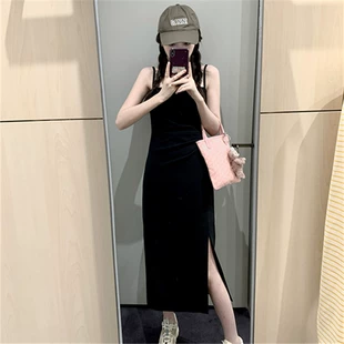 纯欲褶皱吊带连衣裙女小个子收腰显瘦长款 2023春季 新款 开叉包臀裙