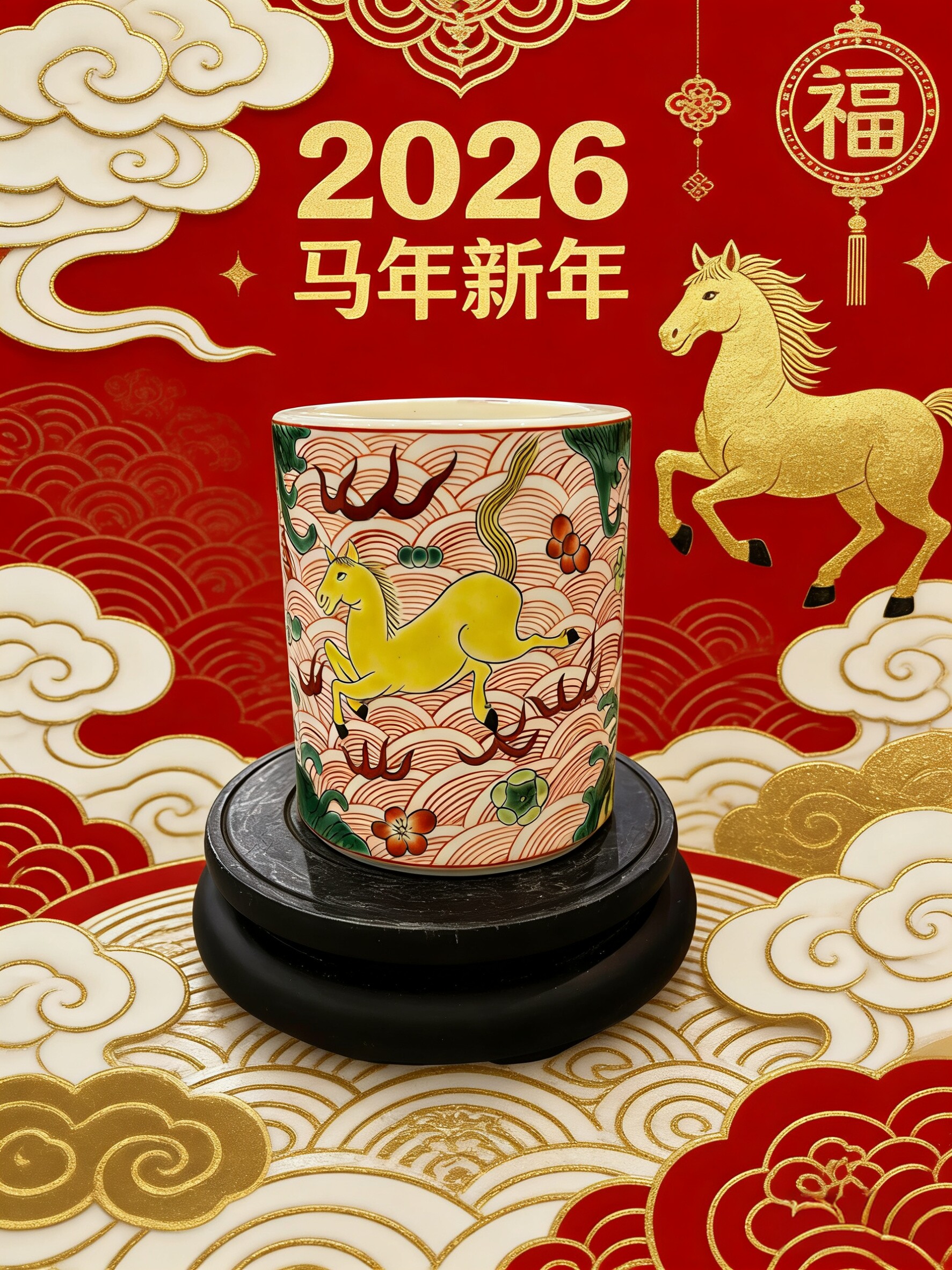 笔筒高两河手绘粉彩瓷器骨质瓷马年吉祥毛笔筒收纳蝴蝶兰花盆送礼