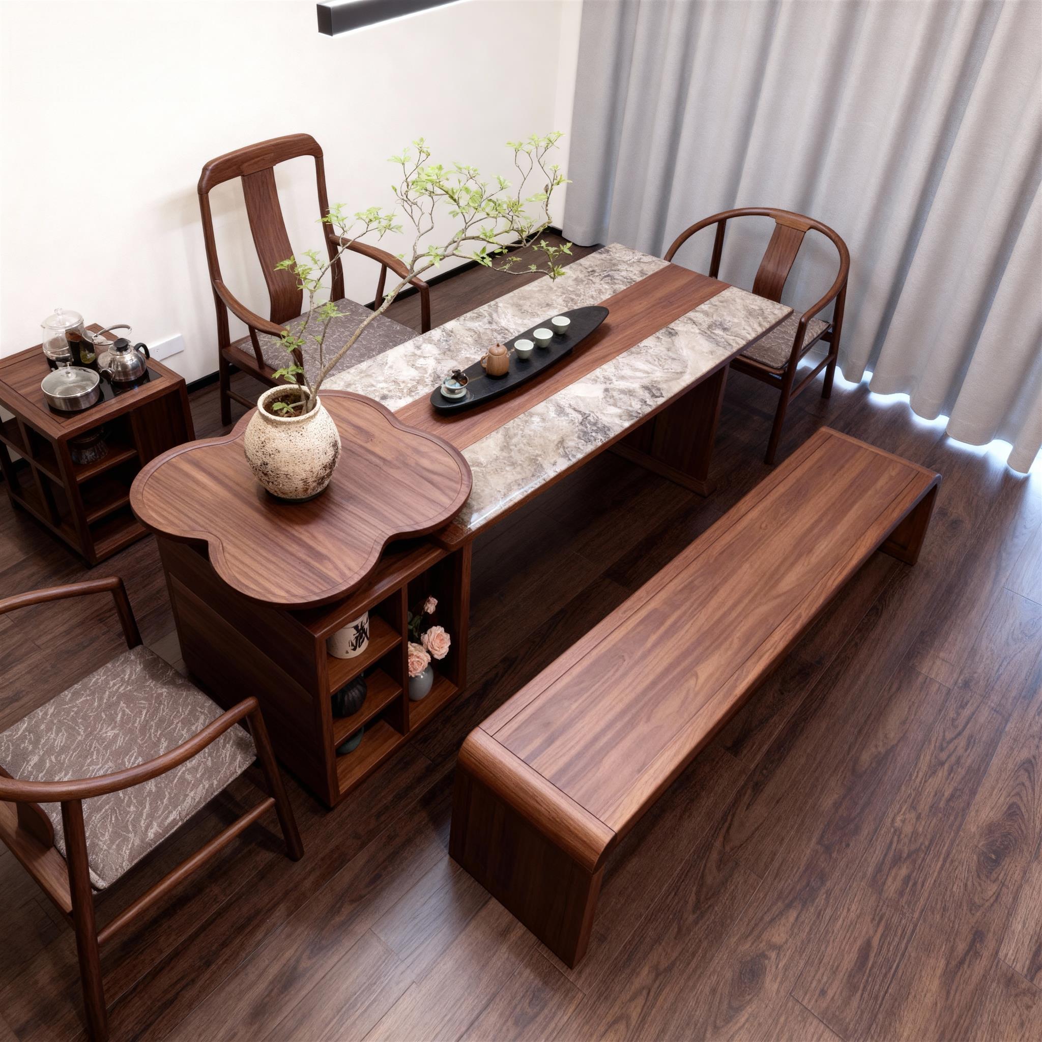 宋式美学新中黑胡桃木茶桌