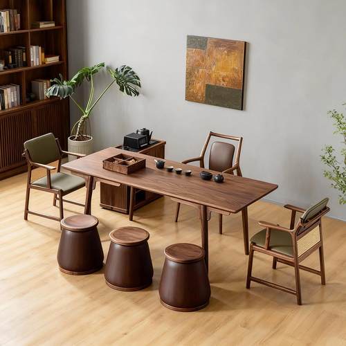 北美新中式茶桌椅组合实木