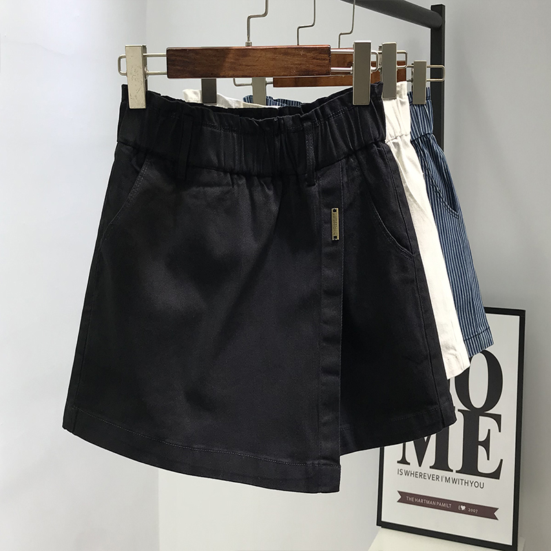 松紧高腰牛仔短裤女2023夏季新款条纹高腰百搭不规则A字阔腿裤裙