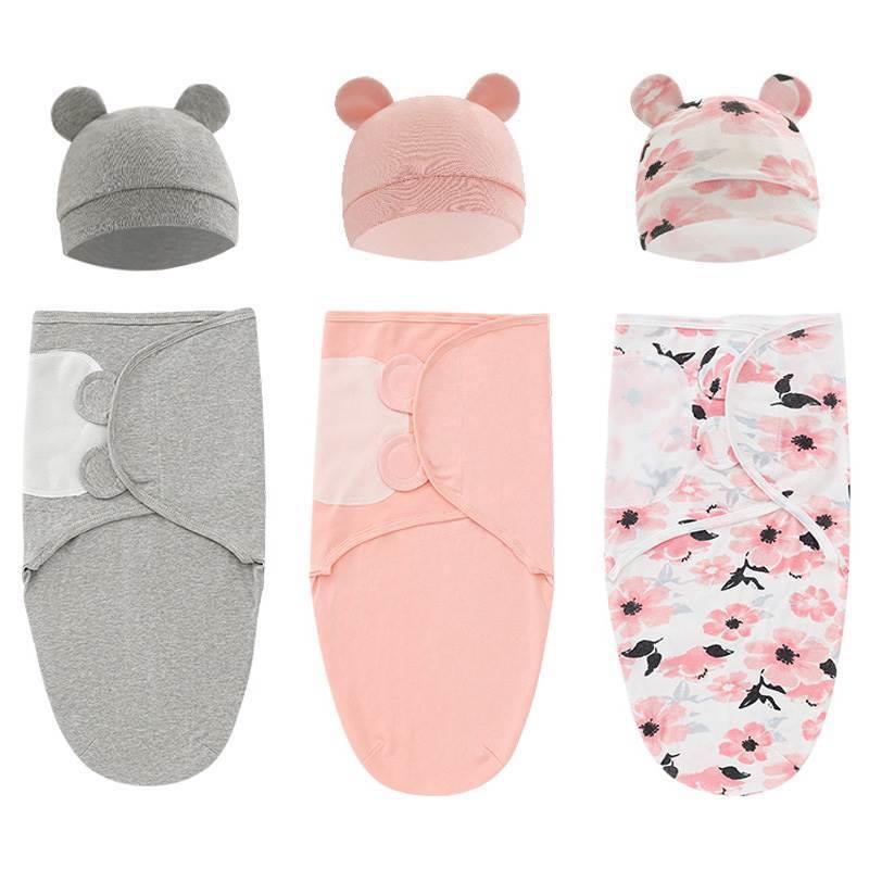 2PCS Cotton Newborn Sleepsa Baby Swaddle Blanket Wrap Hat