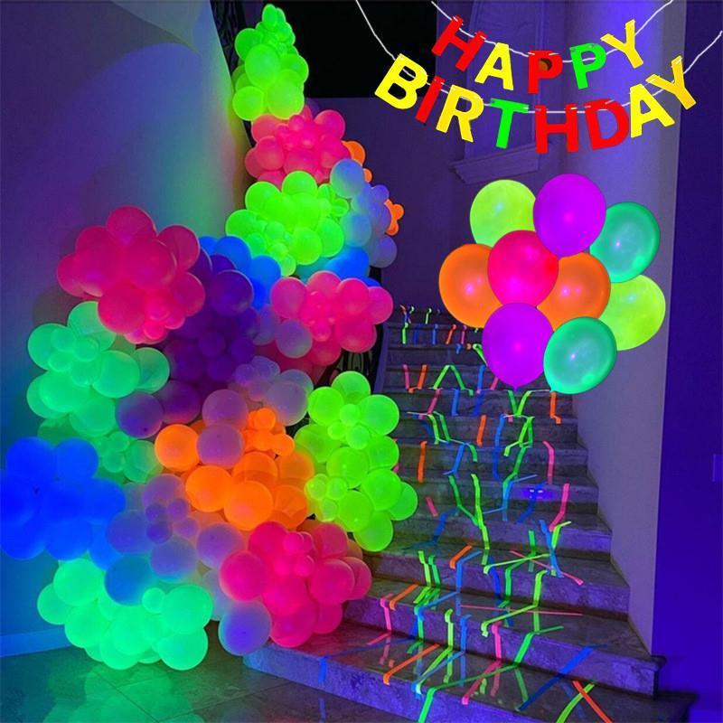 100Pcs Neon Happy Birthday Balloons 12inch UV Glow