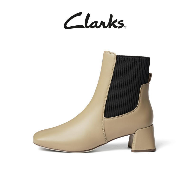 Clarks其乐羊皮切尔西靴方跟短靴