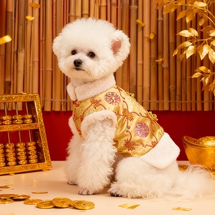 petcircle 冬天保暖加绒马甲金色唐装国风狗狗衣服宠物猫咪比熊冬