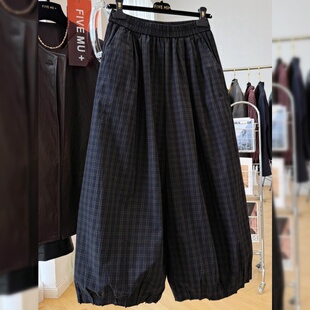 子 女秋九分灯笼裤 超大码 胖m200斤韩系慵懒风松弛感复古格子休闲裤