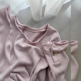 vocal超好看藕粉色卷边超大码 圆领宽松休闲T恤上衣 200斤打底长袖