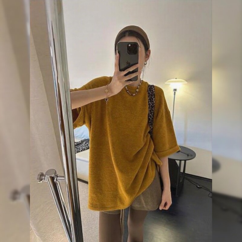 大码韩国女装早秋新款胖mm纯色宽松型常规套头ins圆领短袖T恤上衣