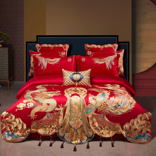 120S新疆长绒棉婚庆四件套大红色结婚床纯棉绣花全棉被套婚房陪嫁
