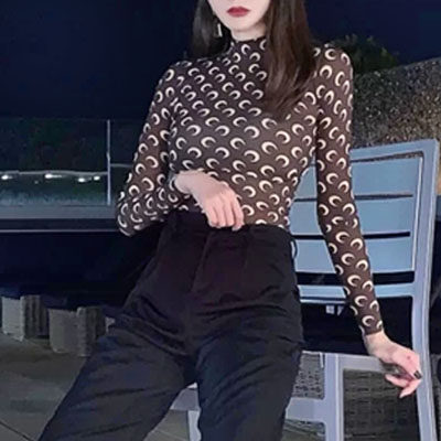 thumbnail for Song Zhiya with the same clothes, women's spring long-sleeved T-shirt, stretch half-high-neck sunscreen shirt, moon half-high-neck base shirt