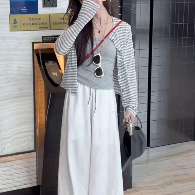 欧货条纹防晒开衫+吊带背心两件套女2026夏季新款宽松显瘦套装潮