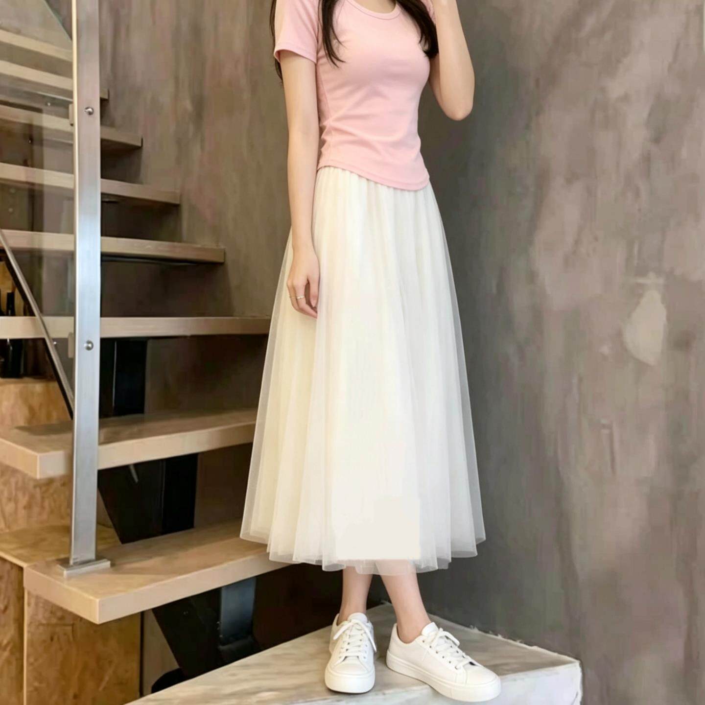 2026春夏新款半身裙子仙女绝美网纱蓬蓬裙中长A字芭蕾风白色纱裙