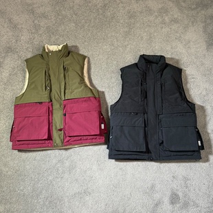 现货 多口袋防风保暖羽绒服马甲外套男 DW39大娃拼接撞色日系工装