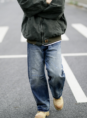 现货 赤耳//WOODENhea美式复古蜂窝自然做旧水洗牛仔裤男直筒长裤