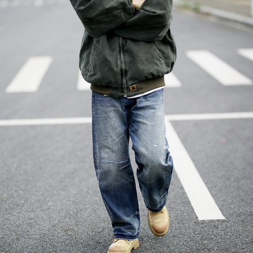 美式复古蜂窝水洗牛仔裤