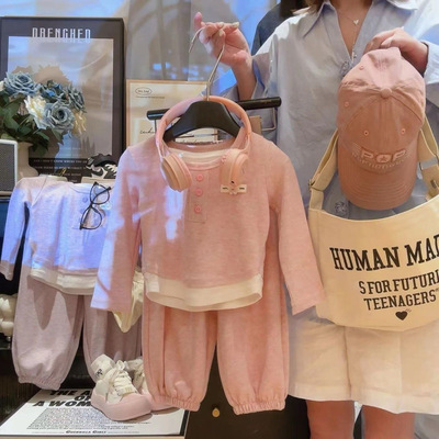 女童秋装假两件套装2025新款时尚女宝洋气休闲童装上衣裤子