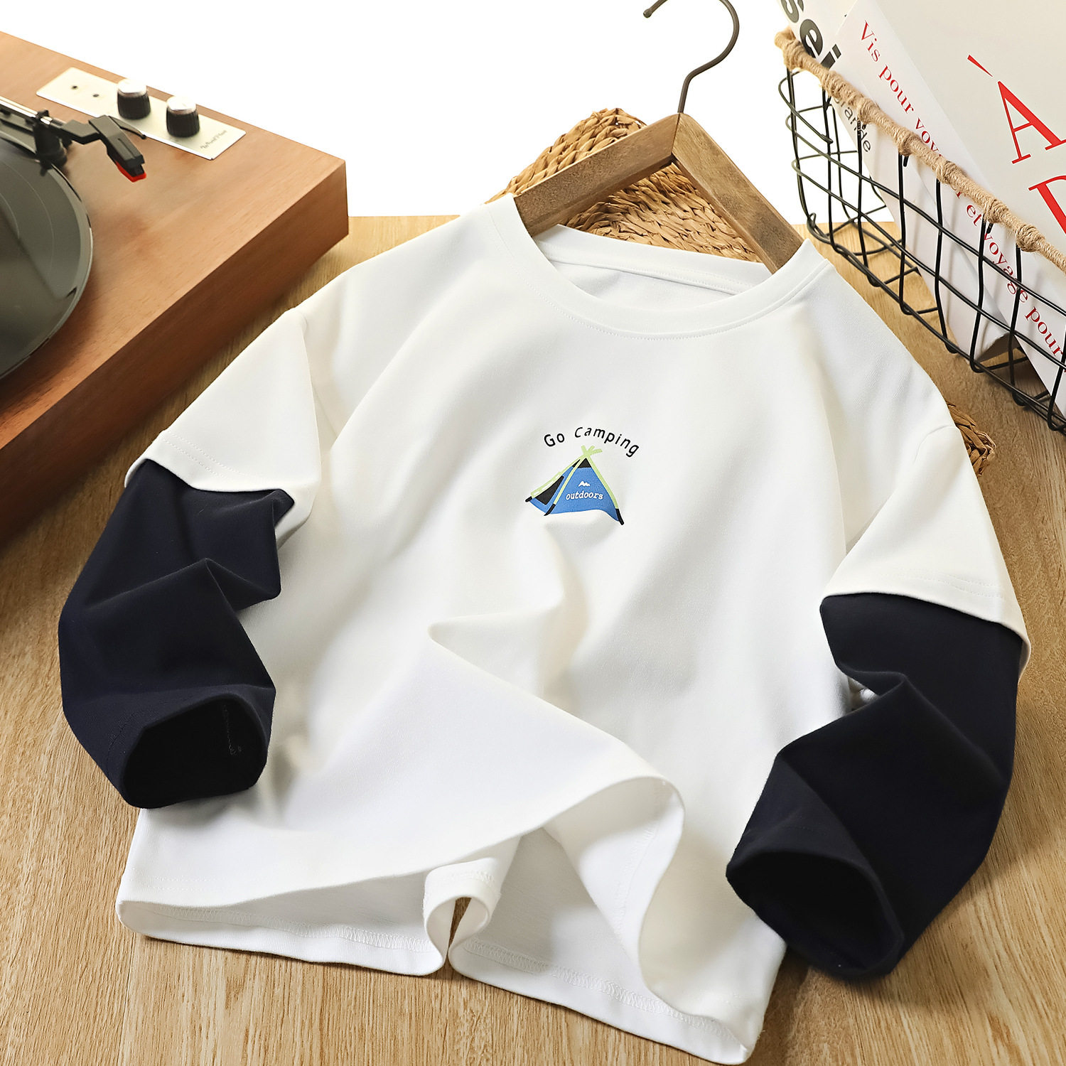 儿童打底衫假两件袖子户外印花图案儿童卫衣T恤男童痞帅风上衣