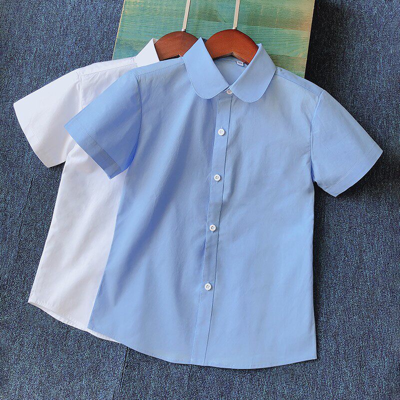 男女童校服白衬衫短袖夏装圆领蓝色衬衣学院中小学生纯棉翻领表演