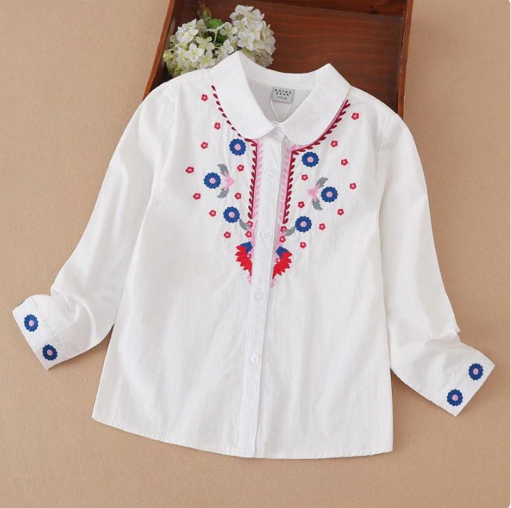 女童白色衬衫春秋季2026新款大儿童长袖衬衣纯棉刺绣上衣优雅设计