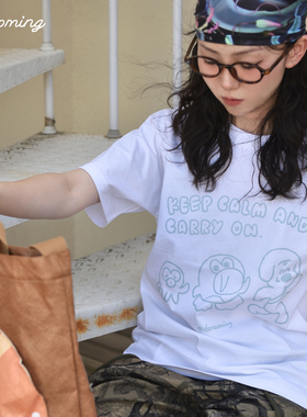 大脑鸣原创宽松情侣短袖t恤重磅240G精梳棉中长袖白色灰色卡通