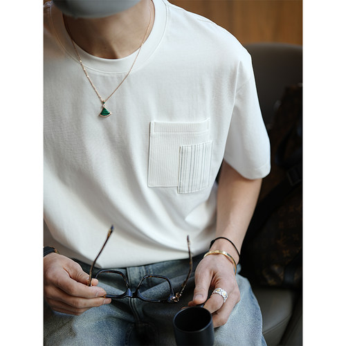 日系不对称口袋拼接圆领短袖T恤