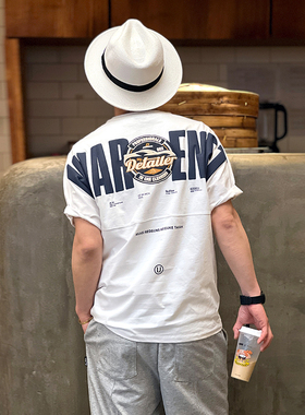 美式重工刺绣黑色短袖T恤男ins潮牌印花贴布宽松痞帅半袖打底上衣