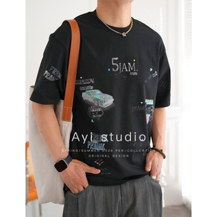 T恤男春夏新款 美式 街头风个性 涂鸦印花宽松短袖 潮牌高品质圆领衫