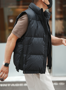 港风潮牌拼接设计纯色立领羽绒马甲男装秋冬爆款时尚保暖无袖外套