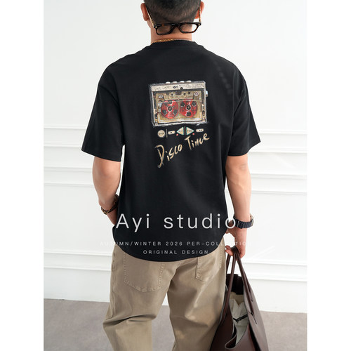 原创复古做旧卡带机印花短袖T恤