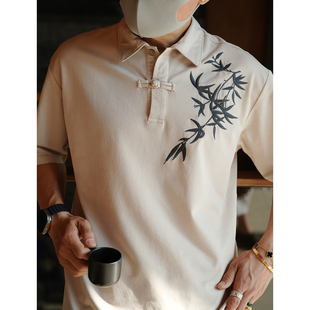 微阔形半袖 新中式 潮流新款 复古盘扣竹纹刺绣翻领polo衫 上衣 男夏季