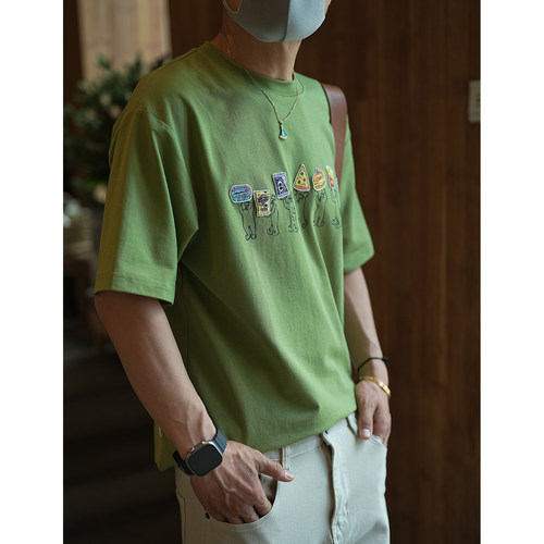 美式高街卡通贴布刺绣圆领打底衫