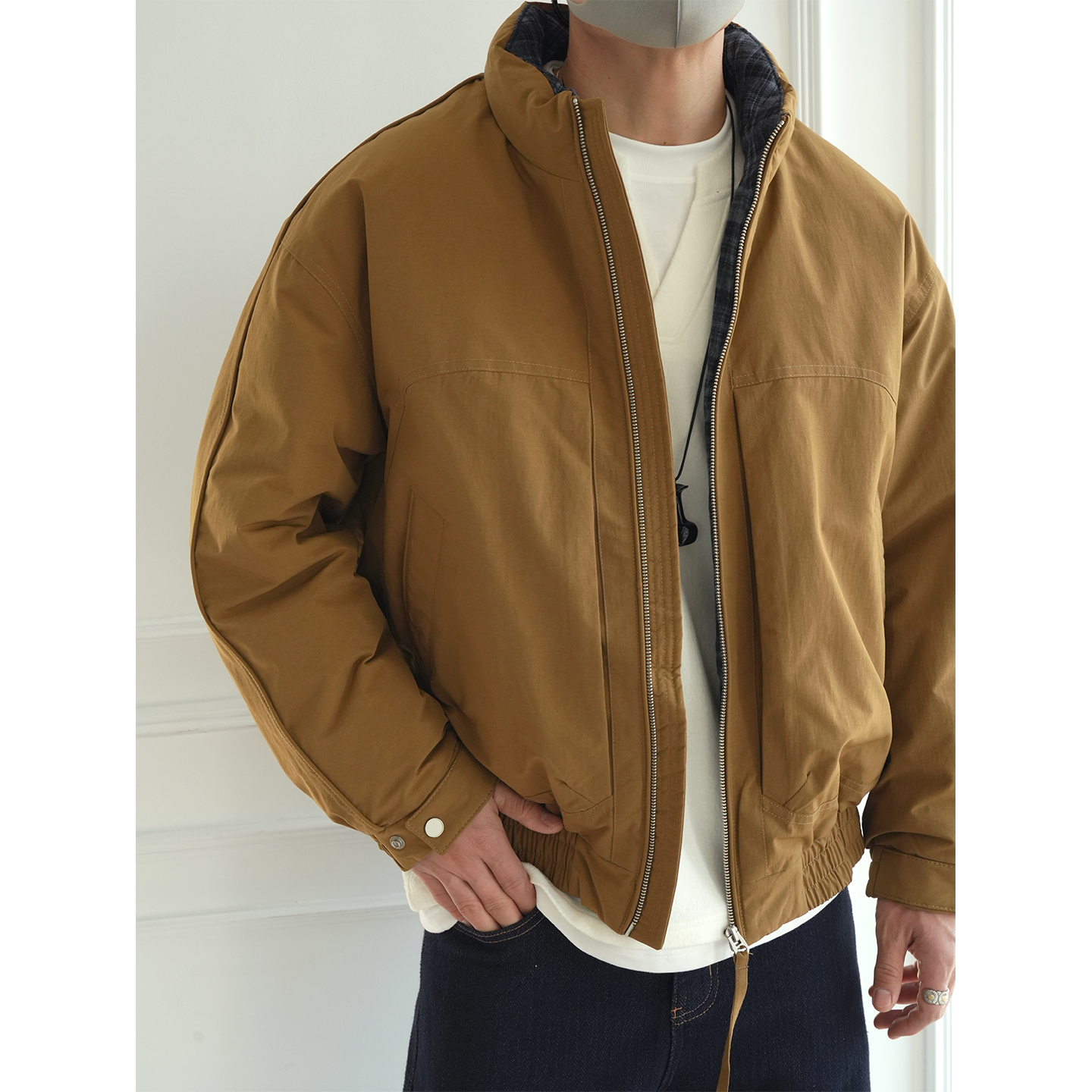 韩版轻奢复古格纹拼接立领羽绒服男士冬季潮流新款白鸭绒夹克外套