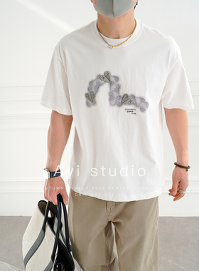 美式复古洗水做旧3D印花短袖T恤男春夏新款潮牌小众百搭圆领上衣