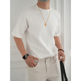 打底衫 插肩袖 T恤男秋冬潮流情侣款 原创简约明线解构拼接圆领短袖