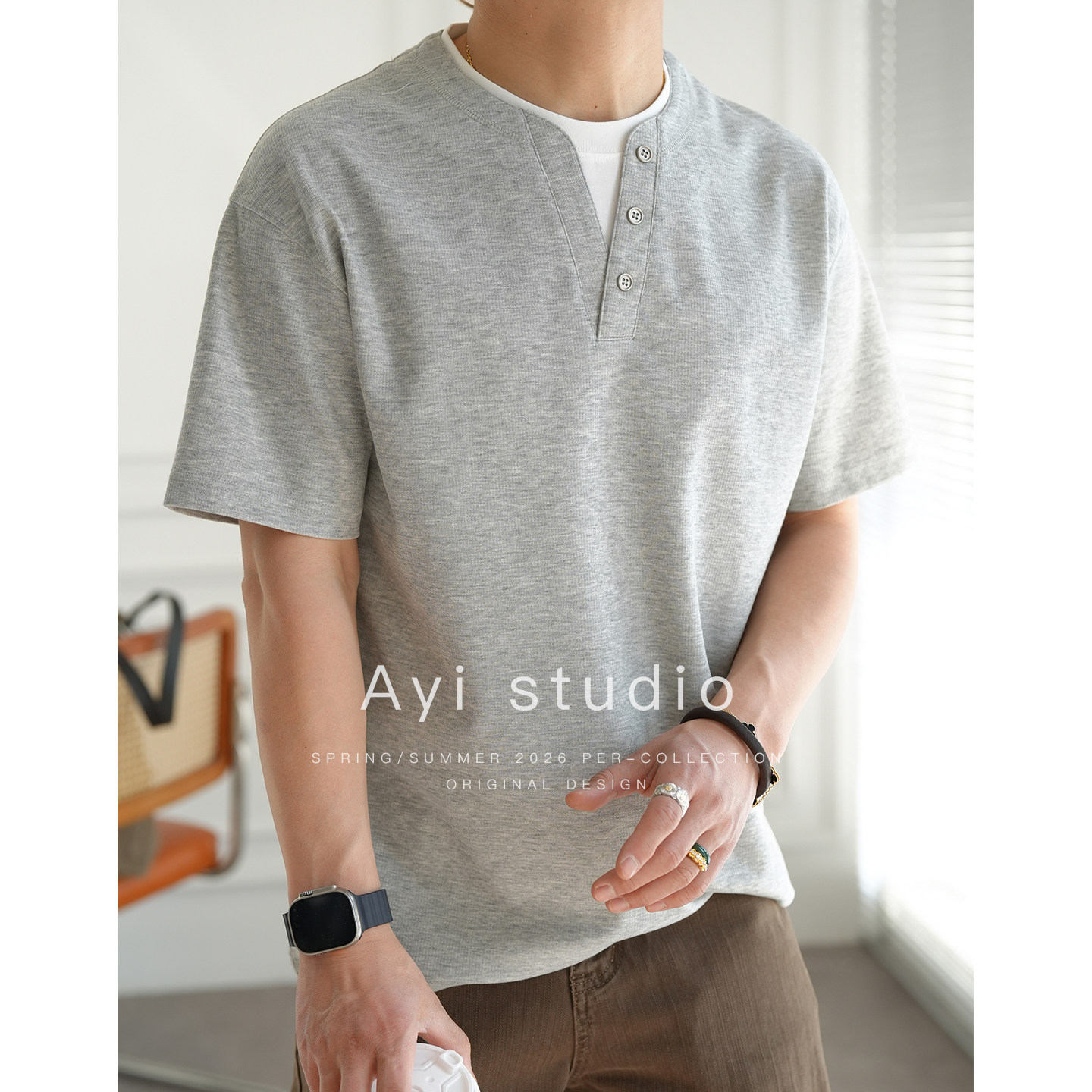 韩版轻奢三粒扣拼色假两件短袖T恤男春夏潮流新款老钱风圆领上衣