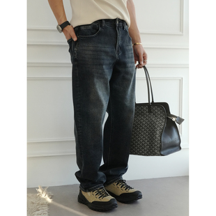 潮流百搭直筒裤 秋冬简约基础款 男士 港风复古重磅水洗蓝薄绒牛仔裤