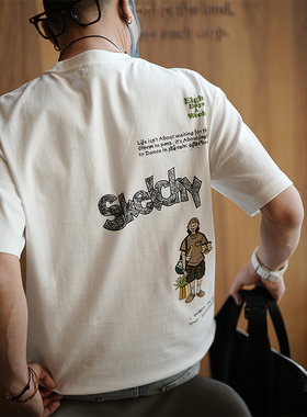 港风潮牌卡通刺绣重磅短袖T恤男士早春情侣款字母印花半袖圆领衫